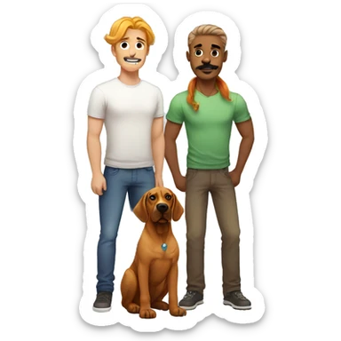 white man with rainbow colored hair and curled mustache standing alongside a brown rhodesian ridgeback dog sticker