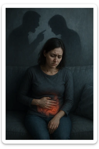 Donna sui 30 anni seduta su un divano, con una mano sull’addome e un'espressione visibilmente provata e triste. Intorno a lei, l’atmosfera è opaca e pesante, con toni freddi. Un’ombra simbolica dietro di lei rappresenta un evento stressante recente (es. un litigio o una perdita). Sul corpo, un lieve bagliore localizzato nella zona intestinale, a simboleggiare il dolore e l'infiammazione. Ambiente domestico, luci basse, emozione visibile. Stile realistico o metaforico con elementi emozionali e viscerali. sticker