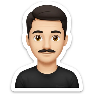 25 year old graphic designer, slightly receding dark hair, thin moustache, black earring on left ear, happy expression sticker