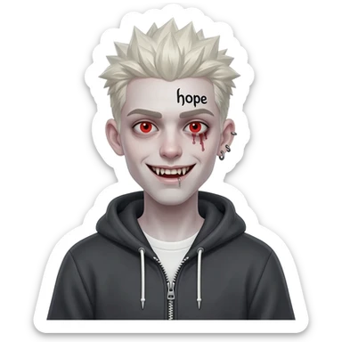 Create for me a boy wearing a zip-up hoodie showing his shirt underneath, with long, spiky platinum blonde hair, piercings in one ear and one nose, and the word "hope" tattooed on his eyebrow. He's a pale-skinned zombie with slightly bared teeth and red eyes. sticker