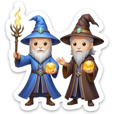wizard and brain in a magical duel with glowing spell effects sticker