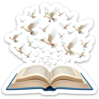 Icon for Poetry Reading: an open book with verses on the pages, from which fly pages transforming into a large flock of small white birds soaring into the blue sky. The icon should evoke the freedom and beauty of poetry. Transparent background. sticker