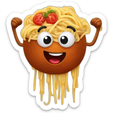 Spaghetti and meatballs with a face, arms and legs, doing something random sticker