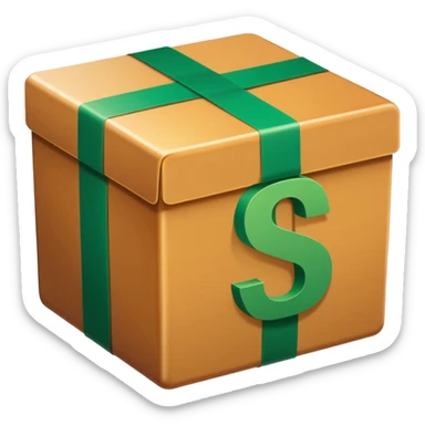 Closed box facing forwards with semi rounded edges Light honey‑brown tape strip with a glossy highlight green bill with a bold white dollar sign, anchored at the bottom left of the box create depth with slight shadows Plain white background for that crisp, emoji‑ready finish sticker