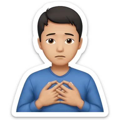 first asian man put his hands on his chest where his heart is, to showw howw he feeels. With a sad exxpression  sticker
