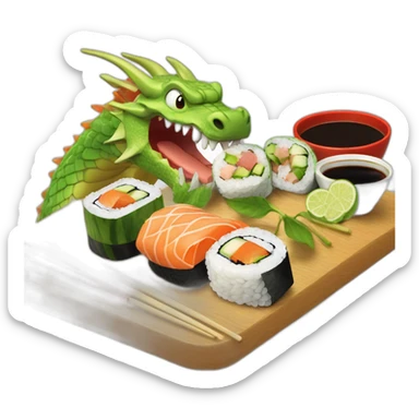 Dragón de 3 cabezas comiendo sushi sentado mientras toma cocacolaa sticker