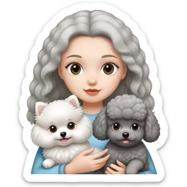 A girl holding a white Pomeranian and a gray poodle sticker