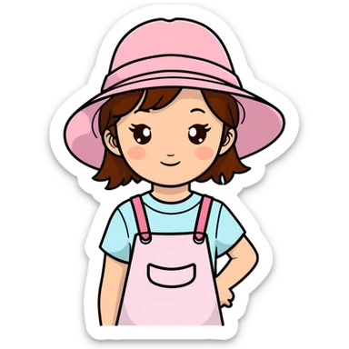 Girl with brown hair and brown eyes with a few freckles wearing pink sun hat sticker