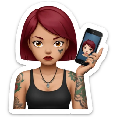 generate a girl with dark red hair, tattoos, short black hair calling on the mobile phone. Looking mad sticker