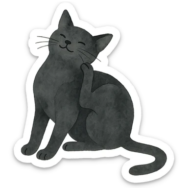 Edit the image of a black cat scratching its neck in the same pose, in watercolor art style with transparent background. sticker