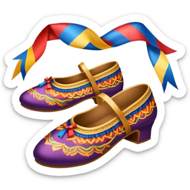 Icon for Folk Dance: close-up traditional dance shoes, colorful folk costumes, and a dance circle with ribbons. The icon should represent the vibrant and cultural aspects of folk dancing. Transparent background. sticker