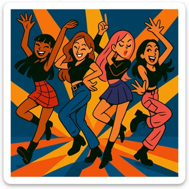 Make the Blackpink group pose even more dynamic, with energetic dance moves and expressive gestures, vibrant toon style sticker