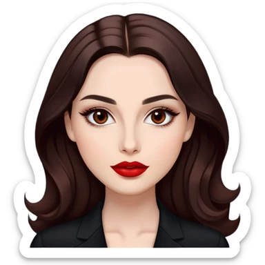 Professional actress with radiant fair skin, elongated face, large dark almond eyes with elegant makeup, defined eyebrows, full red lips, long dark straight hair with soft waves, wearing sophisticated black outfit, confident but approachable expression sticker