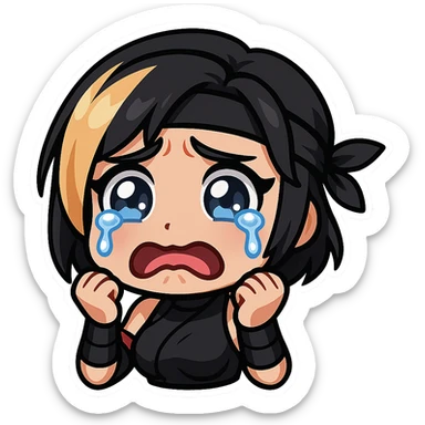 Sexy chibi ninja girl with black short hair and a blonde streak, only head and arms, colorful chibi style with bold outlines, transparent background, no mask, crying face with big teary eyes and a trembling mouth, sized for Twitch emoji use. sticker