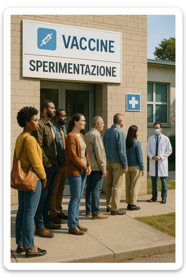 donne e uomini che fanno fila per i vaccini, chiamati "Sperimentazione" sticker