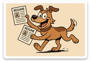 playful cartoon dog running with resumes in its mouth and one paw holding a resume up, big smile, wagging tail, energetic pose, classic cartoon style, friendly and inviting sticker