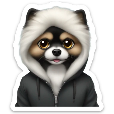 White with a little black Pomeranian in a hoodie sticker