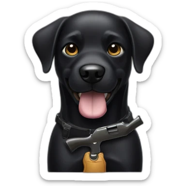 A black dog holding a shotgun with a smirk on his face sticker
