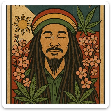 Vintage poster of an Asian Rasta with long dreadlocks, peaceful eyes, and a red-gold-green tam. Surrounded by cherry blossoms and ganja leaves. Background Asian flag. Retro reggae fusion vibe, with bold lines and aged paper texture. Philippines with the actual flag
 sticker