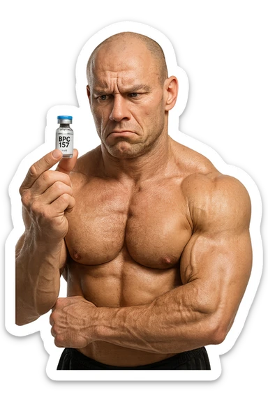 BODYBUILDER CHE TIENE IN MANO UNA FIALA MEDICA CON la scritta "BPC 157" SULL'ETICHETTA E LA GUARDA DUBBIOSO, iperrealistico 4k sticker