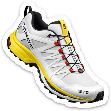 White Salomon XT-6 Gore-Tex trail running shoes, one positioned behind the other, simplified iOS emoji style, technical outdoor sneakers with trail sole, clean white colorway, minimalist design sticker