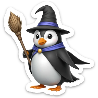 A penguin wizard riding a broomstick sticker