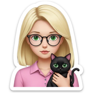 blonde girl wearing glasses and pink shirt with green eyes holding a black cat  sticker