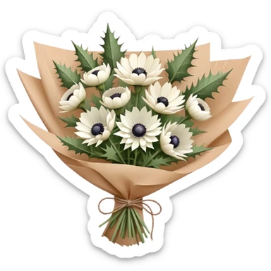 Bouquet of thistles and white anemone in brown paper   sticker