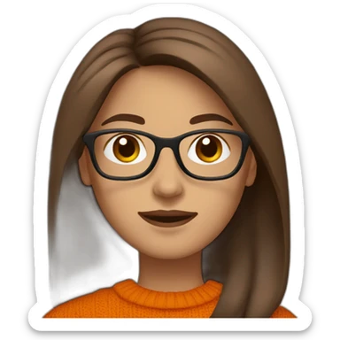 woman with white glasses with long straight brown hair waving wearing a dark orange sweater sticker