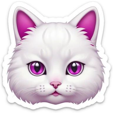 White cat, sad face, tear drop below one eye, magenta eyes, black background, cute cartoon style sticker