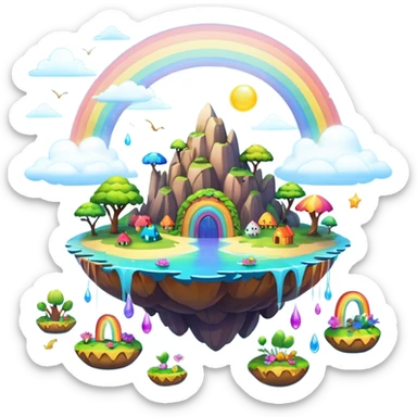 Floating islands with playful creatures, rainbow skies, soft magical lighting, 8K, no emoji icons, no emoji faces, still life sticker