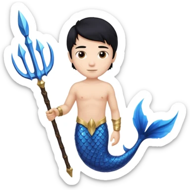 boy, black hair, brown eyes, white skin, Triton, with Triton in hand and blue Triton tail on the side. sticker