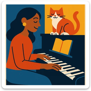 woman playing piano while her cat sits on top of the piano sticker