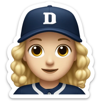 White girl who wearing navy ballcap emblazoned with a red D initial and wearing baseball uniform sticker