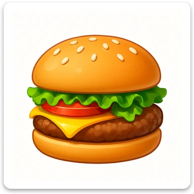 A classic single patty hamburger emoji,, glossy and colorful. Soft rounded bun with sesame seeds, one beef patty, fresh lettuce, ONE tomato slice, melted cheese, realistic but cartoonish look, clean white background sticker