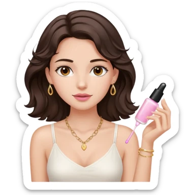 generate a pretty fair bratz girl with dark brown eyes. Dark brown hair wavy hair. light pink lipgloss. white cami top. doing skincare. Dainty gold necklace sticker