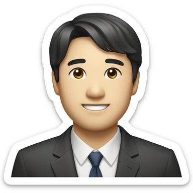 A Korean man with a slightly parted front bangs, bright smile, and semi-formal suit sticker