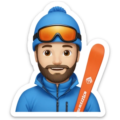 bearded man skiing, blue outfit, smiling sticker
