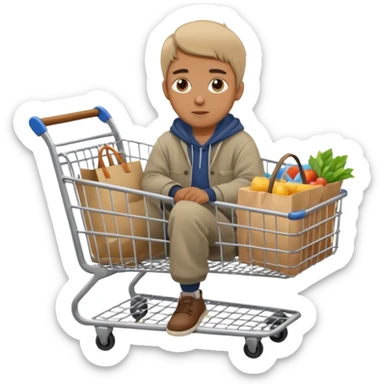 A man in oversized second-hand clothes, sitting beside a shopping cart of items, looking around with soft hopeful eyes.
 sticker
