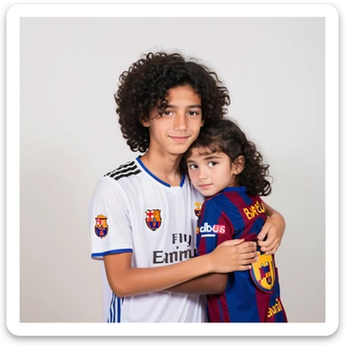 A tall boy with brown eyes, black hair, and white skin, wearing a Barça shirt, hugging a short girl with curly black hair, brown eyes, and bronze skin, wearing a Real Madrid shirt sticker