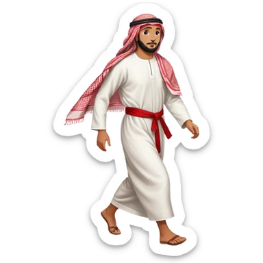 Arab man walking, traditional thobe and keffiyeh, mid-stride sticker