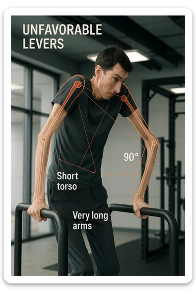 a tall, lean man with very long arms and a short torso attempts a dip on parallel bars. His elbows are deeply bent and his body appears awkwardly positioned, highlighting the mechanical disadvantage. An overlay shows anatomical lines and angles, with labels explaining “unfavorable levers.” The background is a modern gym, with a focus on biomechanics. sticker