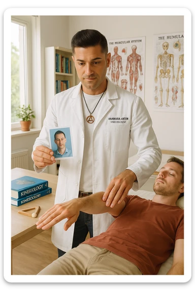 a middle-aged man, dressed in casual professional attire, is in a bright, organized therapy studio. Durante una visita di kinesiologia, il praticante tiene con una mano la foto di una persona lontana (il “testimone”) appoggiata su un tavolo, mentre con l’altra mano esegue un test muscolare su un cliente presente. Sullo sfondo si vedono libri di kinesiologia, poster anatomici e strumenti tipici della disciplina. L’atmosfera è concentrata e serena, con luce naturale che entra dalla finestra, sottolineando l’aspetto alternativo e umano della pratica. sticker