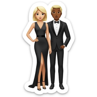Blonde woman, black, Long, tight, sleveless Dress, Slot left Leg, man in Dinner jacket sticker