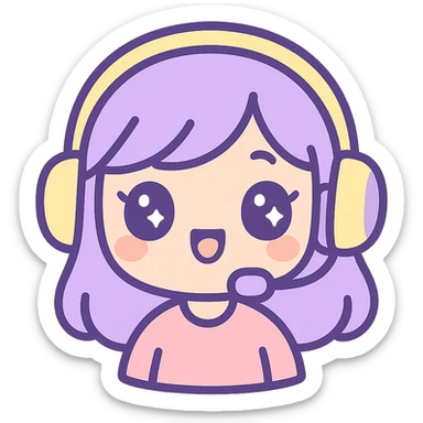 cute streamer girl emoji, purple and yellow color palette, big eyes, headphones, cheerful expression, kawaii style details sticker