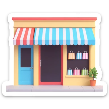 friendly storefront with striped awning and shopping bags at the entrance, pastel colors sticker