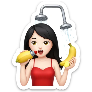 a girl with black hair and red dress with opened mouth drinking pale yellow water coming out from a shower looking like a banana above her head sticker