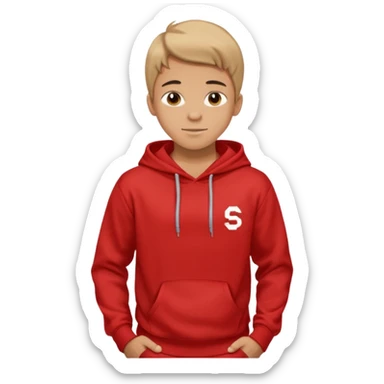 make me an emoji of an americain 19 yearold boy in a red hoodie that says "south" on it and give him with tan skin with his hands in his hands in his pocket wth a small smile flexing his muscles sticker
