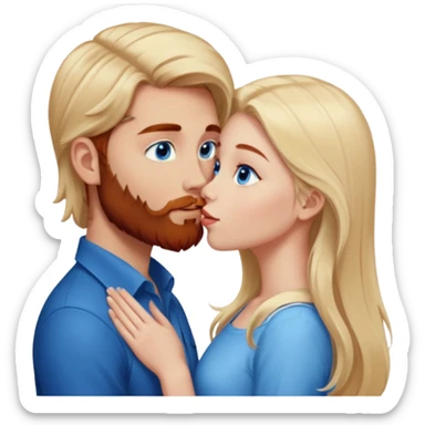 Long-pale-blonde hair, beautiful girl with blue eyes facing, kissing reddish-brown hair-beard boy blue eyed white guy sticker