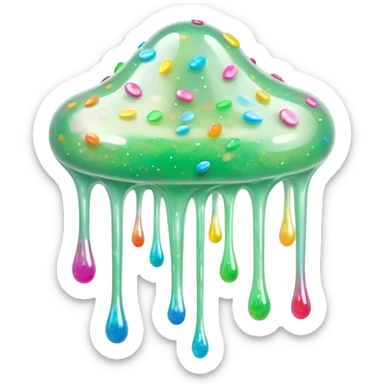 Cinematic Realistic Clear Slime Mixed with Sprinkles, ultra-transparent with suspended colorful candy-like specks, light refracting through each tiny piece, soft gelatinous texture catching highlights, stretching and bending in a mesmerizing way, glowing with a magical, almost surreal quality. sticker